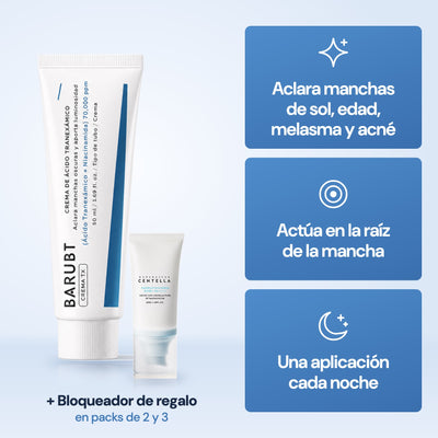 BARUBT crema de ácido tranexámico: aclara manchas de sol, edad, melasma y acné; actúa en la raíz de la mancha; una aplicación cada noche. Bloqueador de regalo en packs de 2 y 3.
